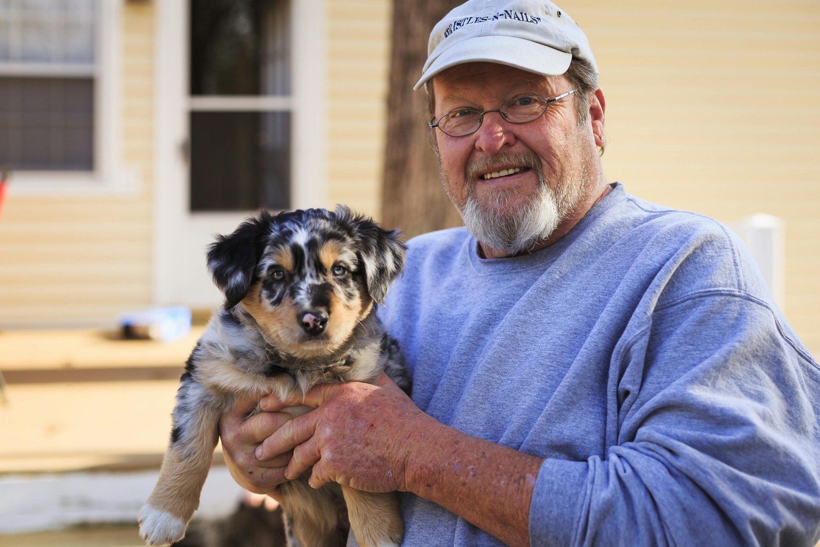 Man wearing glasses holds a cute Australian Shepherd puppy outdoors on a sunny day.