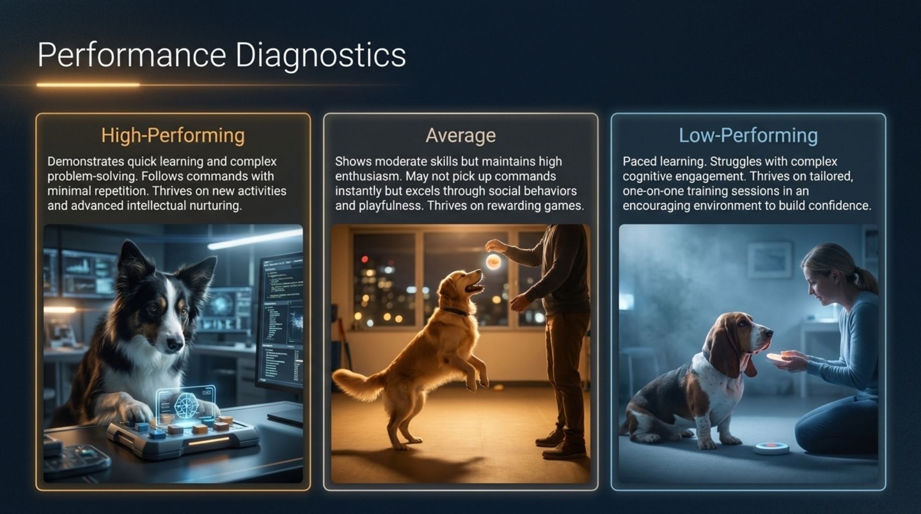 Performance diagnostics for testing dog Intelligence